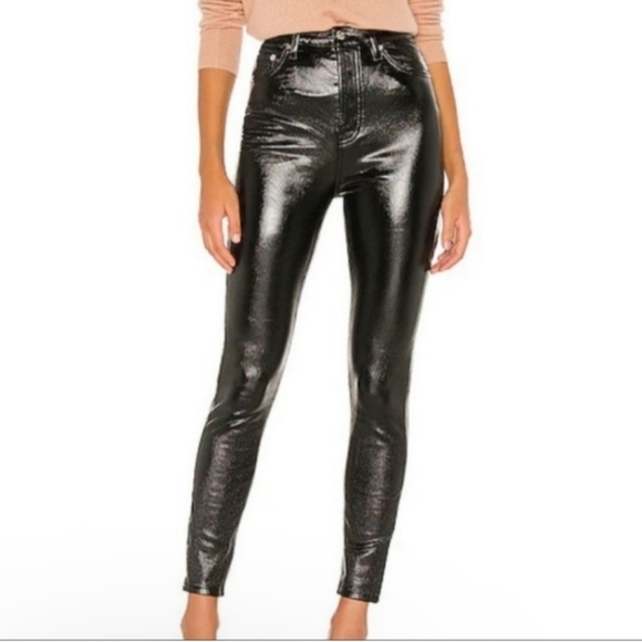 Free People We The Free Vegan Patent Leather Pant Button Fly 5  Pocket Black 28 - Picture 1 of 16